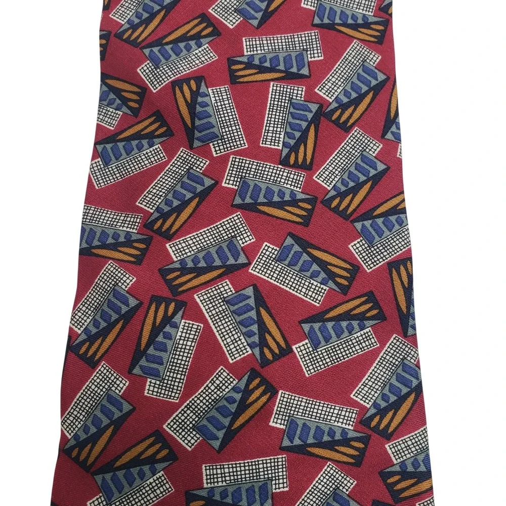 Pattini Mens Geometric Abstract Silk Tie OS‎ Red Blue Gold